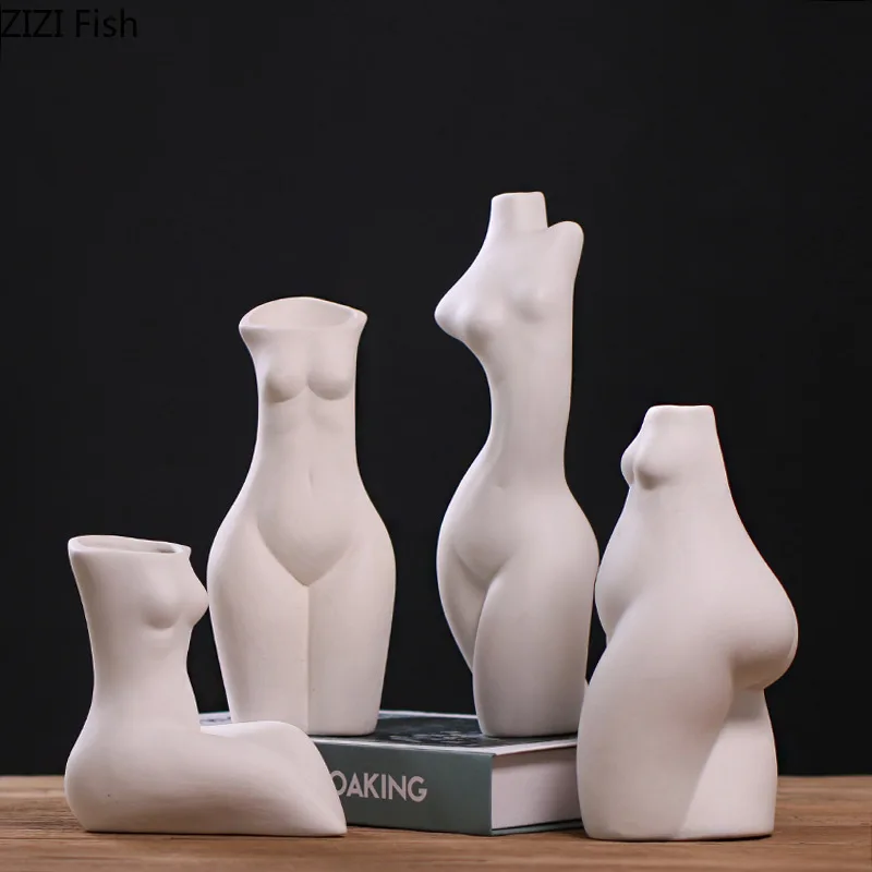 European White Vase Human Body Chest Ceramic Vases Nude Figures Bust Plant Pots Decorative Flower Arrangement Desk Decoration