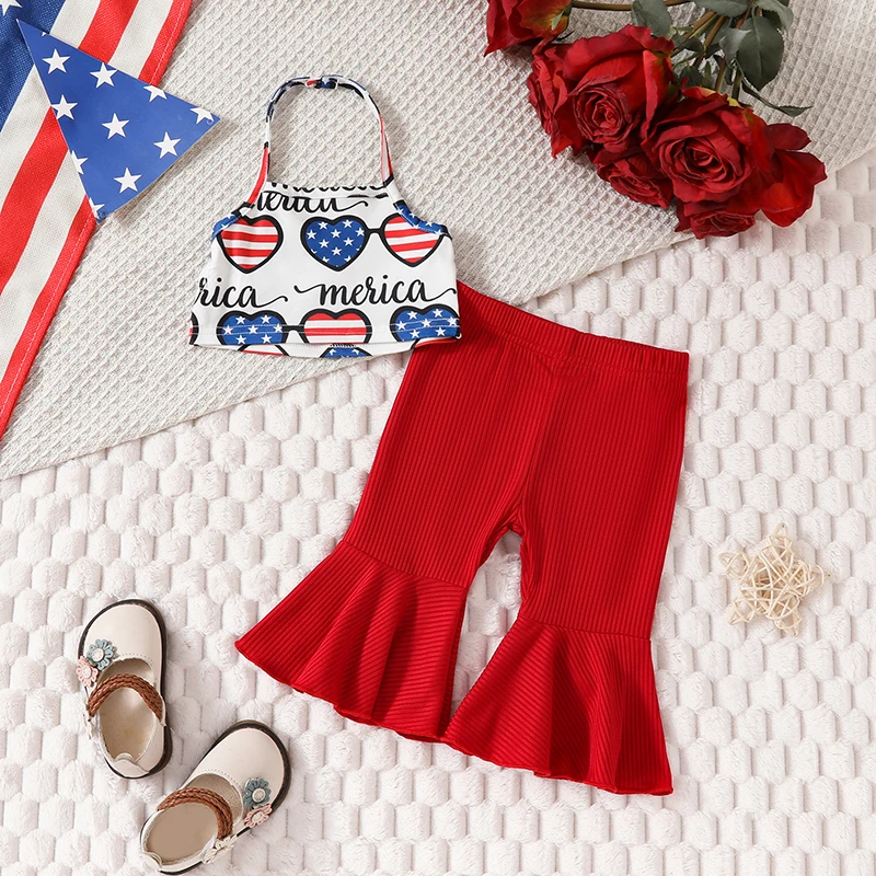 Baby Girl 4th of July Outfit Halterneck Crop Top Heart Print Vest Bell Bottom Pants Summer Clothes 0-18M