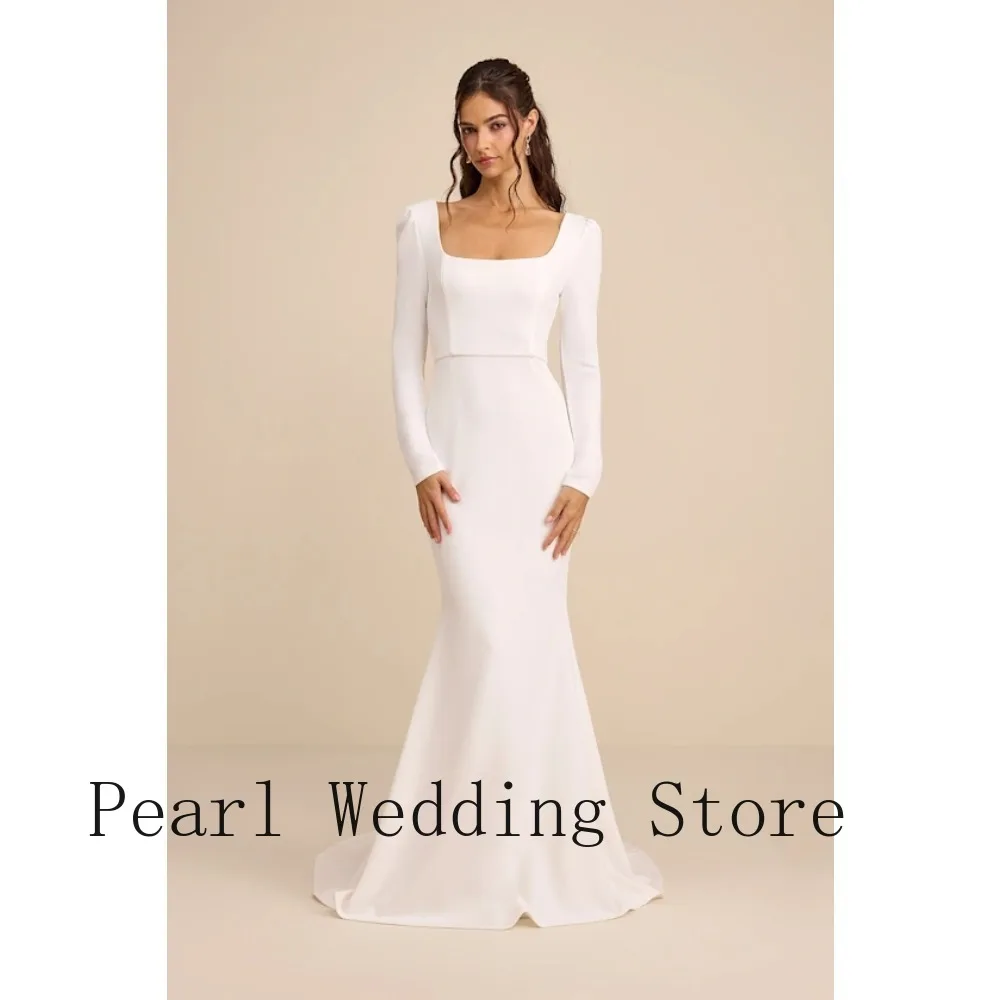 2026 Minimalist Square Neck White Bridal Gown Long Sleeve Mermaid Dress with Train for Winter Wedding & Pre-Wedding Photoshoot