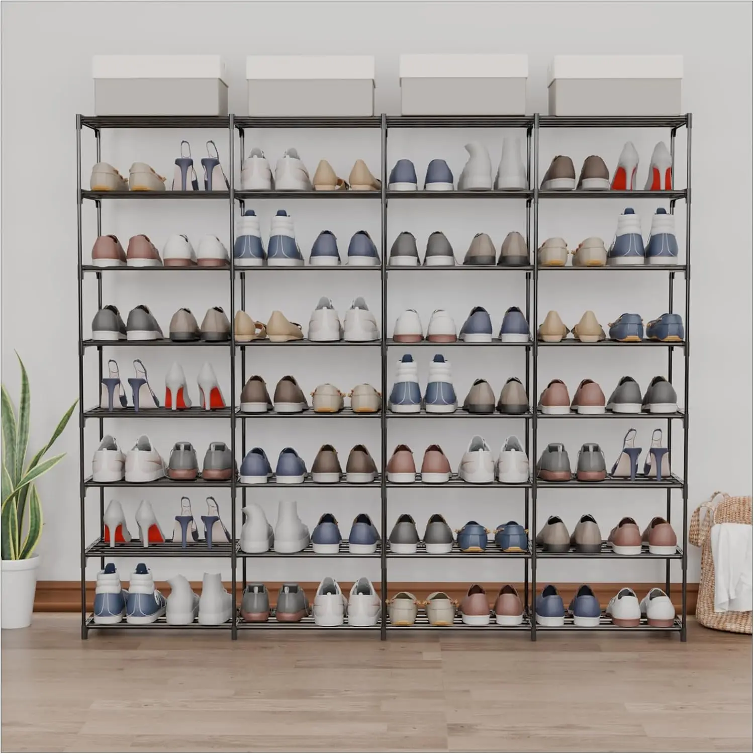 Large 4 Row 8 Tier Shoe Rack, Holds Up to 64 Pairs, Space-Saving Organizer for Entryway Garage Hallway (66.1" W x 49.2" H)