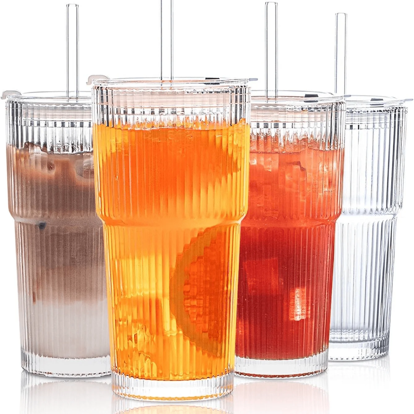 

4PCS 19OZ Retro Striped Borosilicate Glass Cups with Straws for Drinks