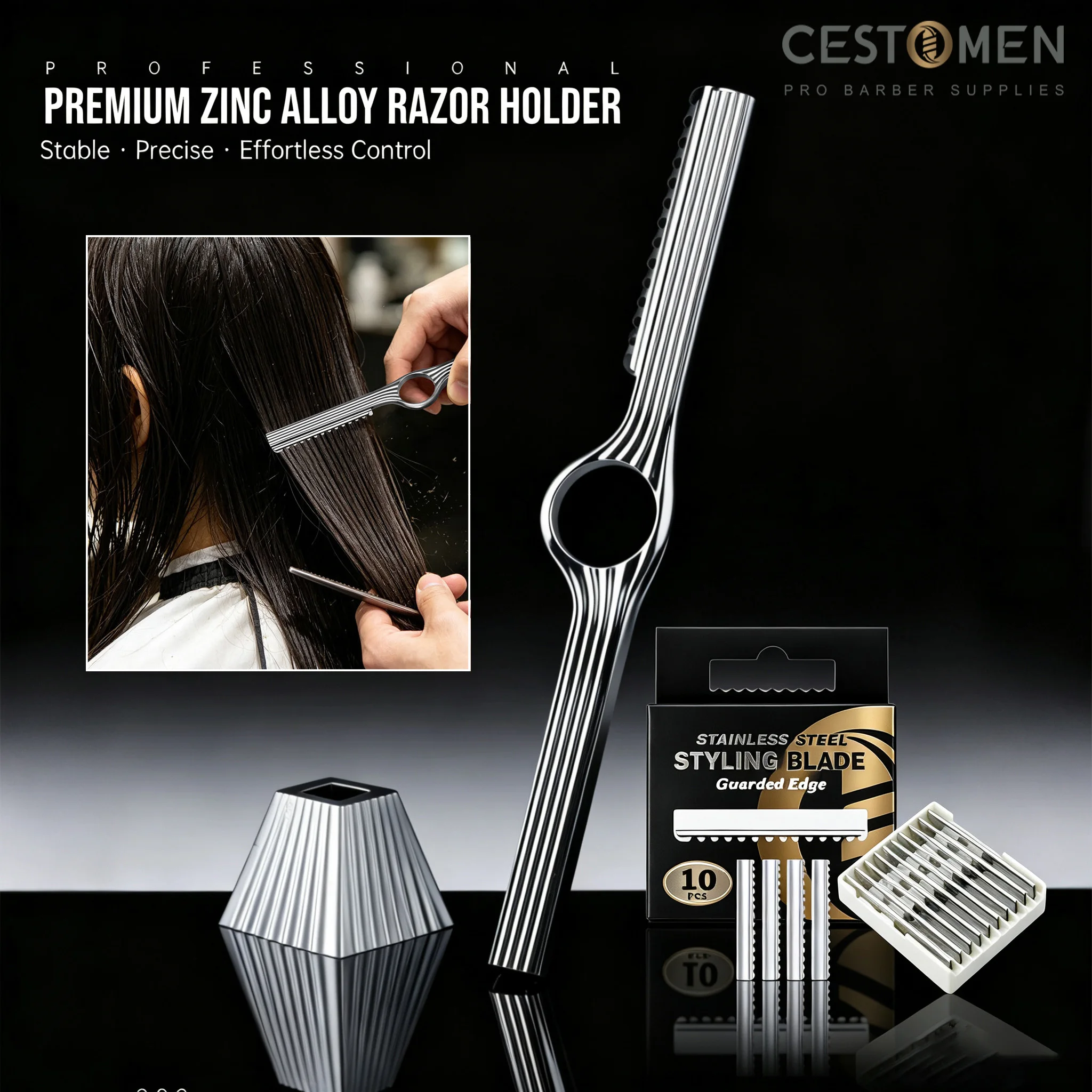 1Pc New Ring Hair Thinning Razor Holder With Base Zinc Alloy Barber Texture Haircut Razors For Salon Hairdresser Styling Blades