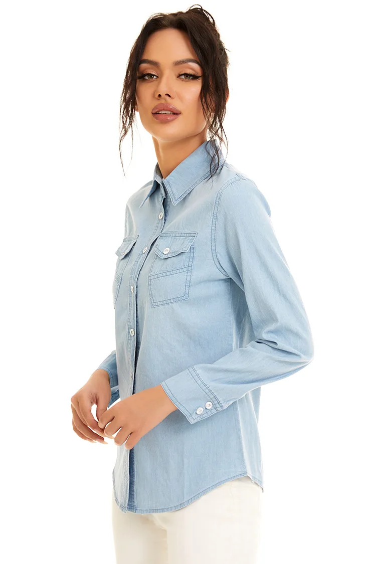 Light Blue Slim Thin Cotton Denim Shirts For Woman 2024 Spring Casual Ladies Tops Long Sleeve Jeans Blouses Clothing