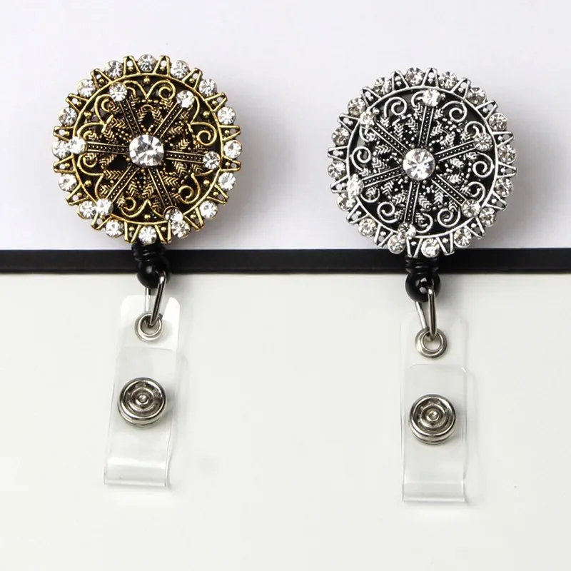 Retro Style Retractable Badge Reel Holder Rhinestones 360 Swivel Alligator Clip for Office Doctor Nurse Gift Carabiner Keychain