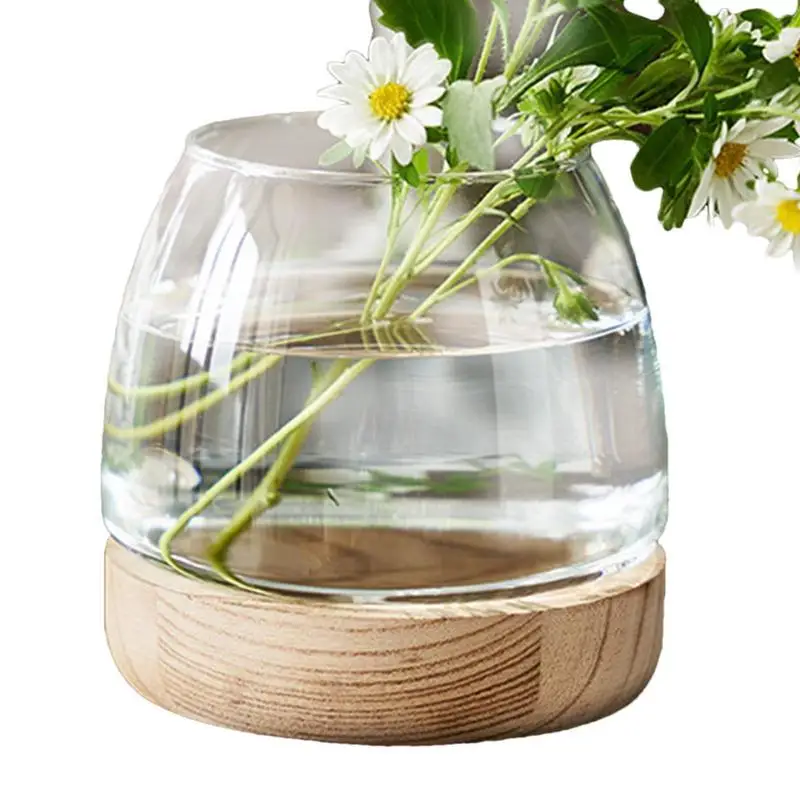 Home Furnishing Glass Wooden Support Vase Ornament Aquaculture Flower Arranger Transparent Fish Tank With Wood Base