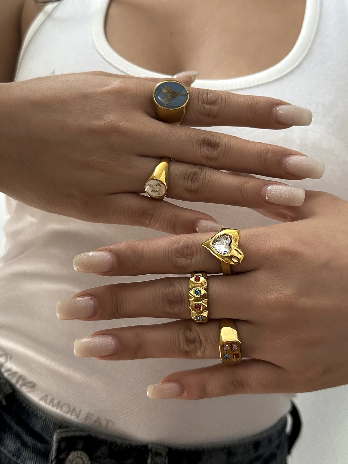 Vergoldeter Edelstahlring für Damen mit bunten Zirkonia-Steinen, unregelmäßigem Herz-, Quadrat- und Blumenmuster, verstellbar, Statement-Schmuck, Geschenk – Detail 6