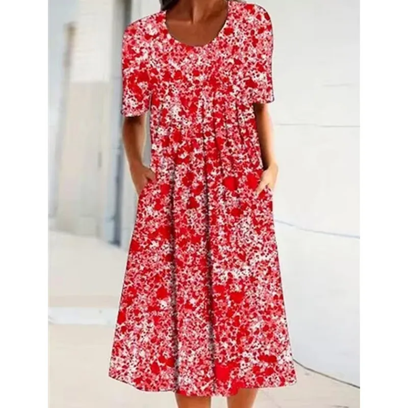 

2025 Spring Summer Women's Dress Fashion Casual Comfortable Vacation Floral Print O-Neck Pocket Mid-length Dresses