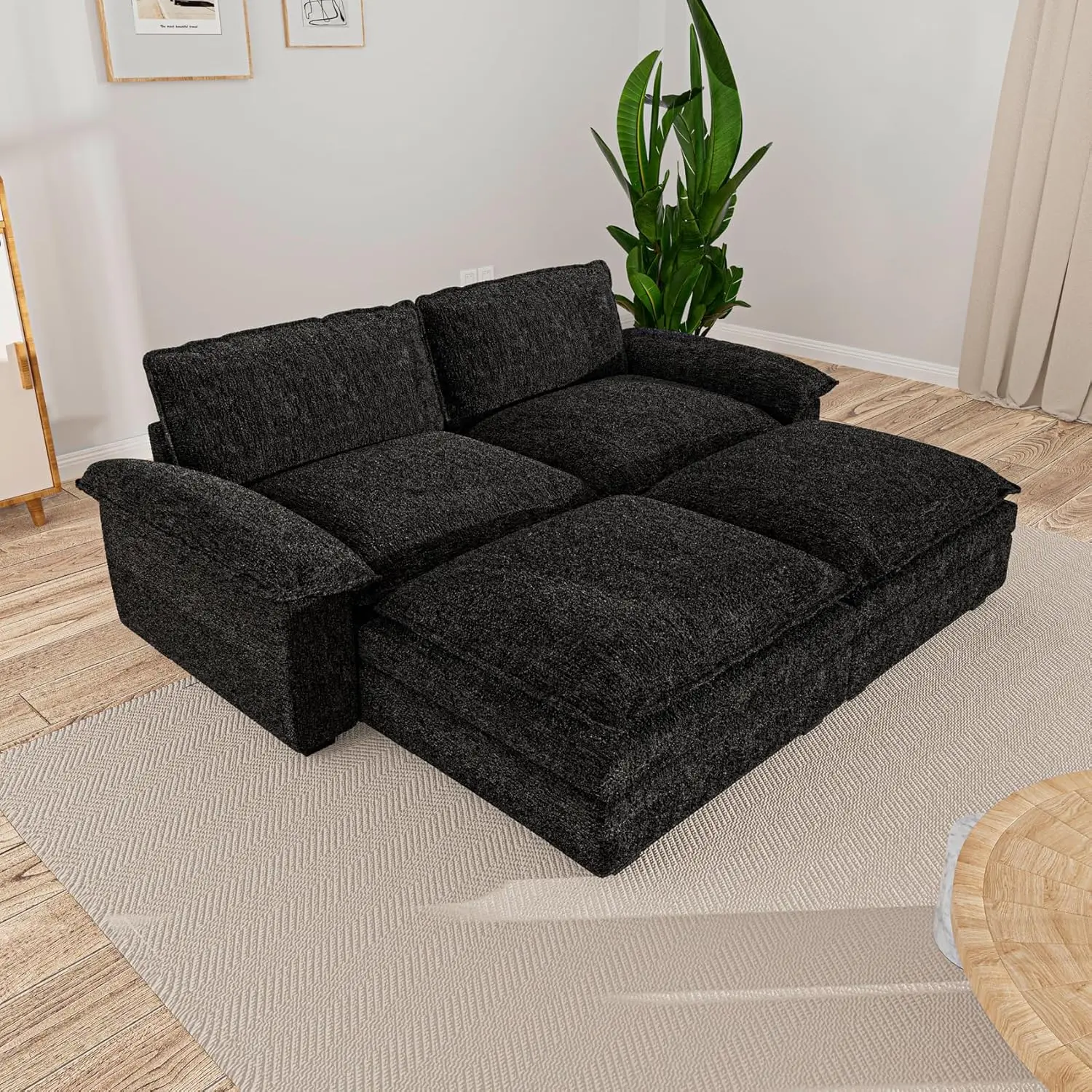 Mestyl 2 Seat Sectional Sofa, Couch With 2 Movable Ottoman, Chenille Modular Sofa With Removable Pillows And Layer Cushions,