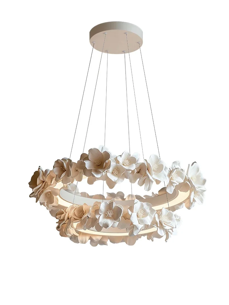 Modern French flower chandelier, round relief cream chandelier, antique living room, dining room, bedroom, high-end lamps