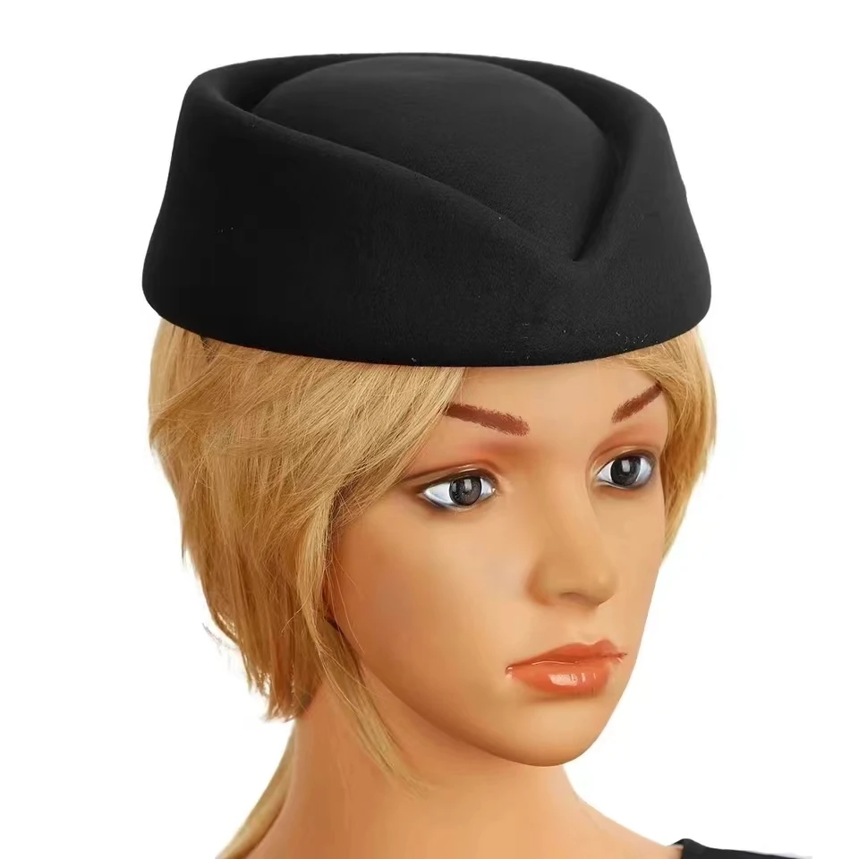 Airline Stewardess Cadet Formal Uniform Hat Caps Women Imitation Wool Felt Cap Ladies Pillbox Hats with Rope Air Hostesses Hat