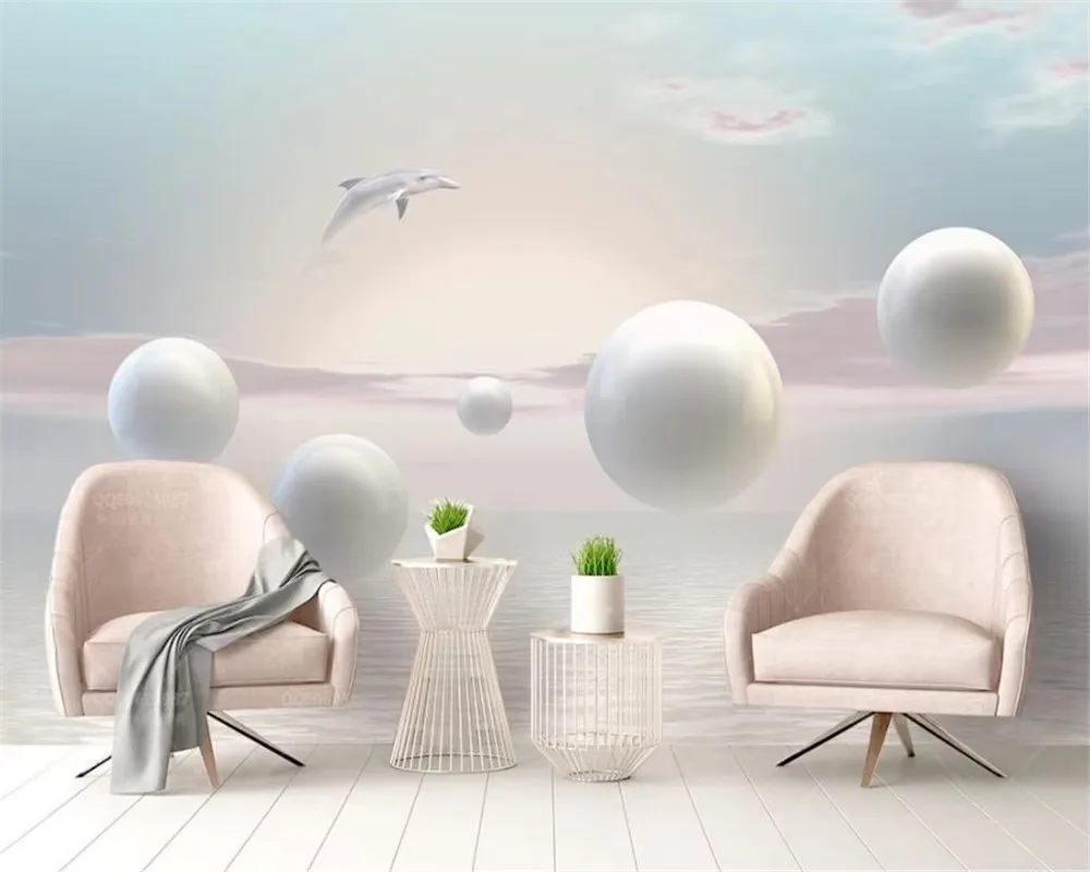 Custom living room room decoration wallpaper 3d stereo ball cloud sea sky dolphin TV background wall wallpaper papel de parede