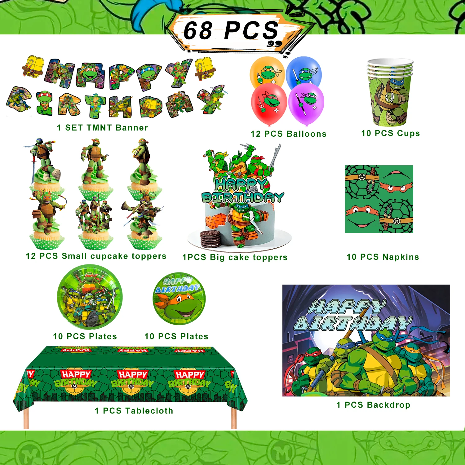 98 Pcs Ninja Turtles Birthday Party Supplies - Ninja Turtles Party Banner Balloons Plates Etc Ninja Turtles Party Decorations - view 6