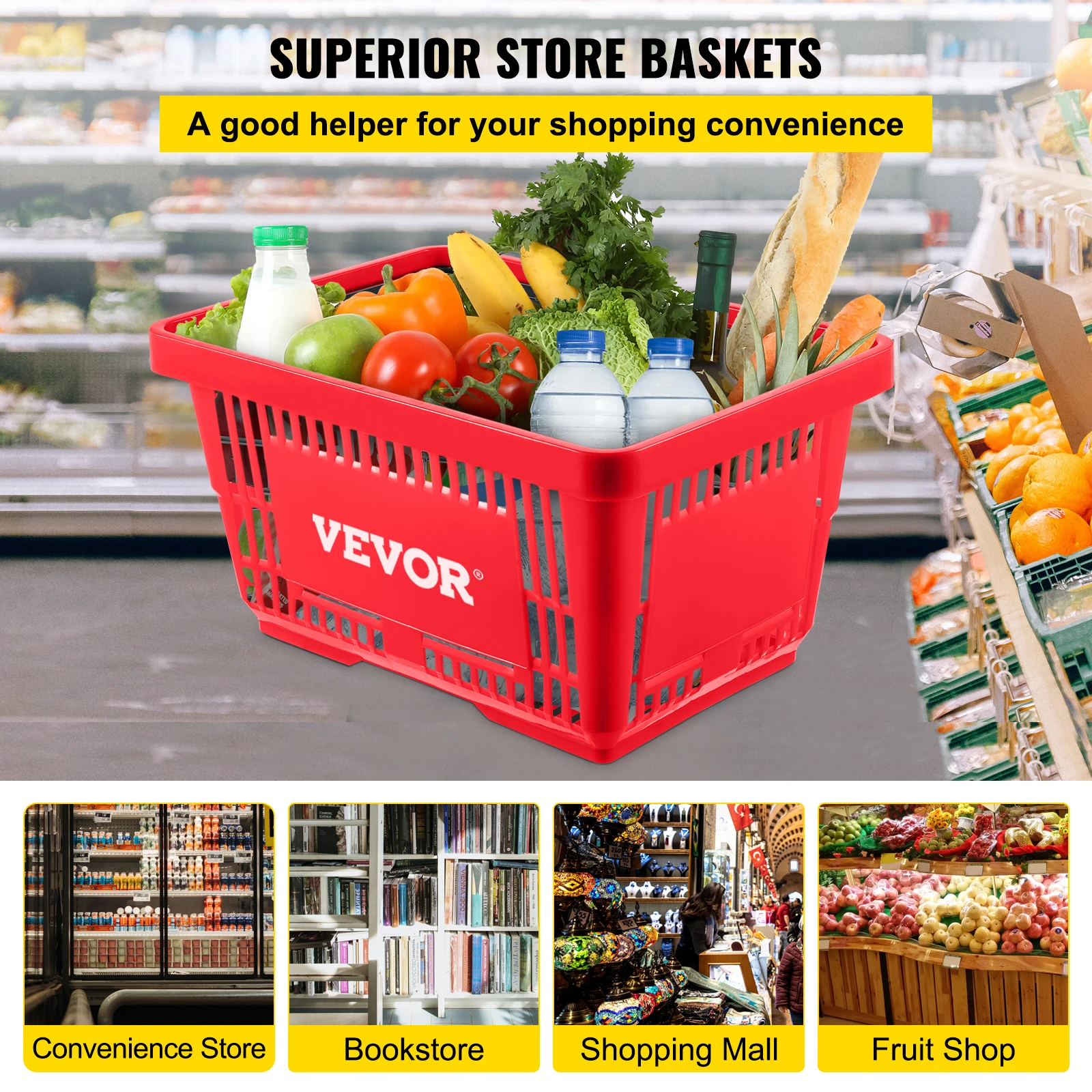 VEVOR 12-Pack Shopping Baskets, Featuring Plastic Handles and Metal Stands,  Ideal for Use in Supermarkets, Retail Shops