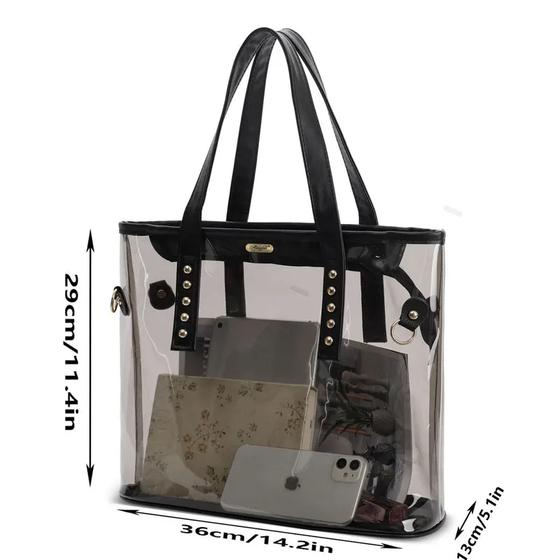 Grand Sac à Main Transparent pour Femme, Fourre-Tout d'Été, de Plage, Noir, Étanche, à Épaule en Pvc, ABLPVC01, 2023