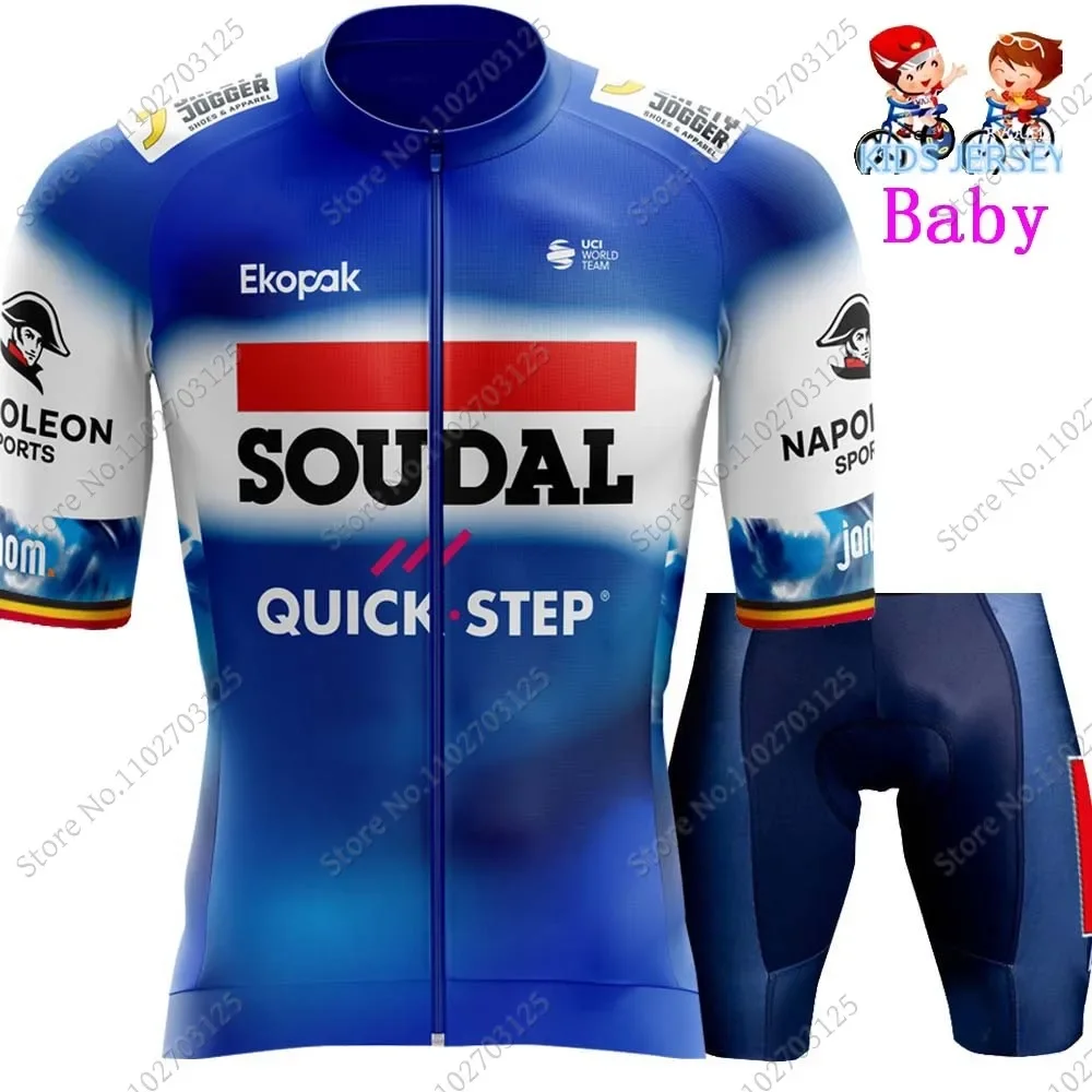 Kids Soudal Quick Step 2024 kolarstwo drużynowe w Belgii zestaw koszulek chłopców dziewcząt żółta odzież rowerowa rower dla dzieci garnitur MTB