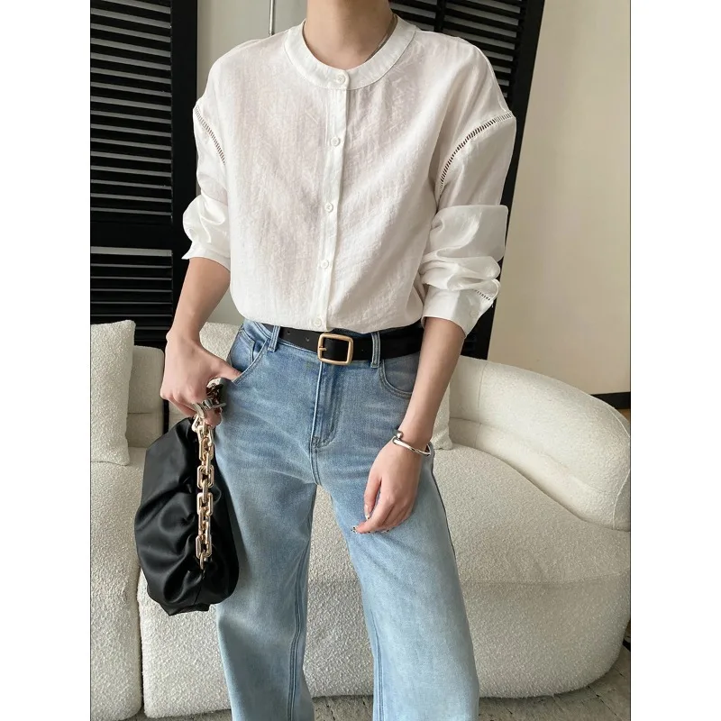 French Style Collar Hollow Long Sleeve Shirt Light Blue Crew Neck Shirt Elegant Hollow Out Lantern Sleeve Blouse For Women VKLB
