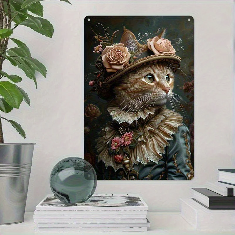 Vintage-Style Rich Cat Tin Wall Art, Printed Metal Sign with Floral Hat & Lace Dress Design, Pre-Drilled for Easy Hanging, Mul