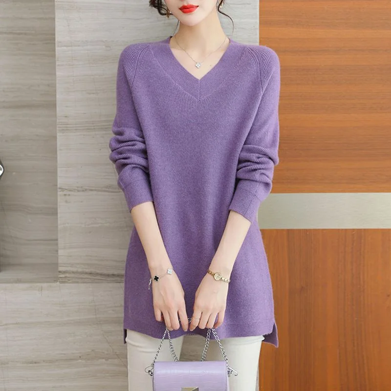 

Mid-length Sweater for Women Loose Large Size Versatile V-neck Solid Color Top Base Knit