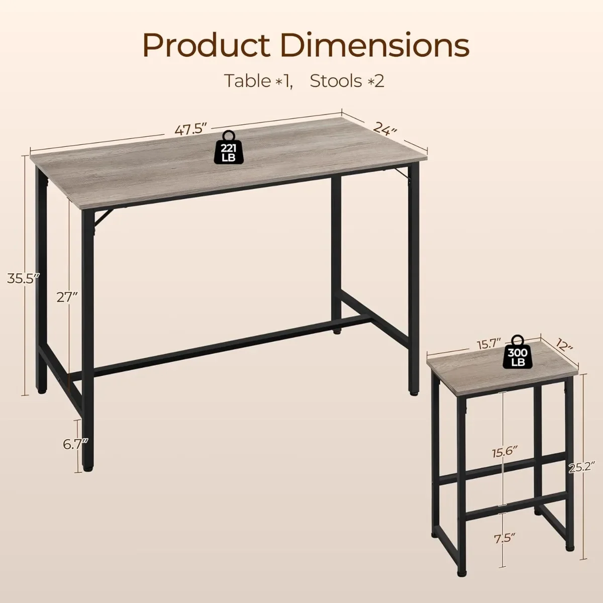 Juego de bar de 3 piezas de estilo industrial: mesa alta de 47,5" y 2 taburetes, comedor con isla de cocina para apartamentos modernos, estilo cafetería bistrot