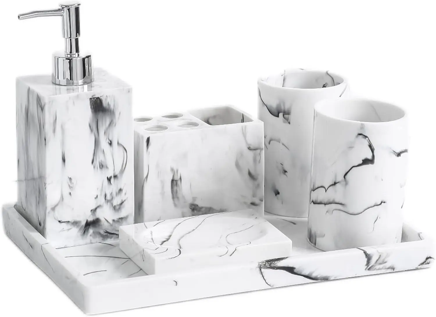 Resin Vintage Marble Bathroom Accessories Sets Luxury 6-Piece Bathroom Decoration Soap Dispenser,Cups,Toothbrush Holder