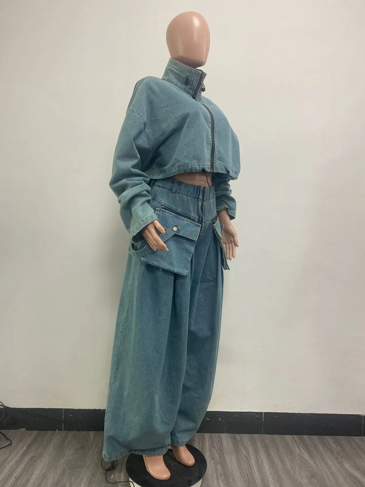 Fall Denim Suit For Women Long Sleeve Lapel Top And Wide Leg Pant Outfits Comfortable Solid Color Ladies Two-Piece Set