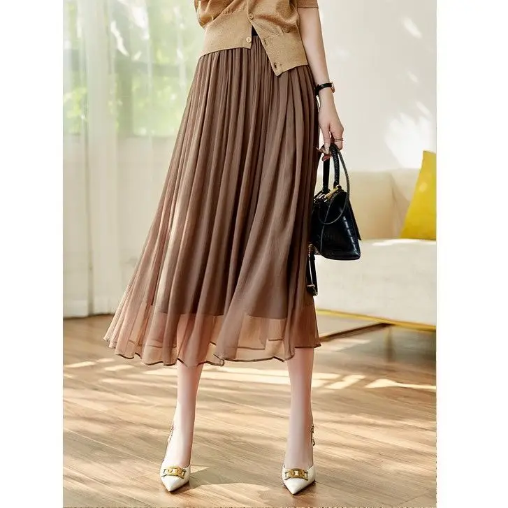 Korean Women Summer MIDI Skirts Fashion Vintage Print Elastic Waist Loose Female Elegant Street A-line Skirt Clothing Trend S775