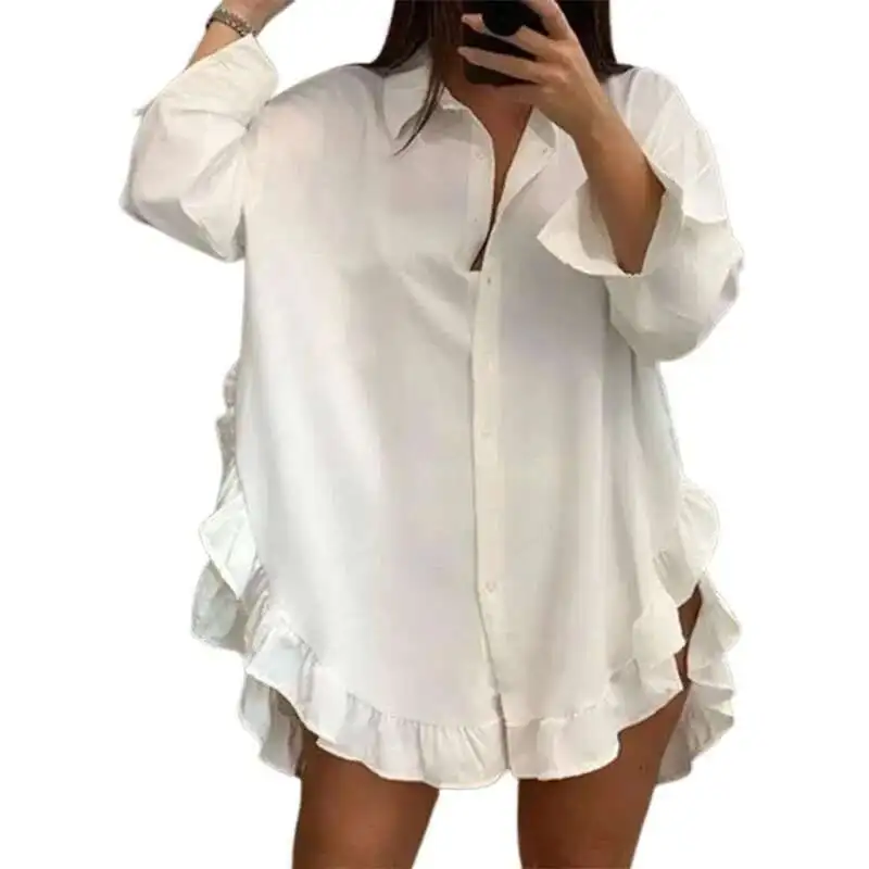 BabYoung Women's White Mini Dresses 2025 Summer Spring Falbala Lapel Casual Vintage Long Sleeve Woman Party Shirts Dress Clothes