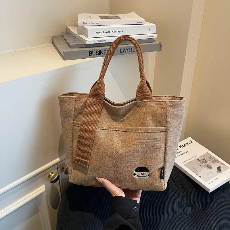 厚手のキャンバスバッグ刺繍入りハンドバッグ大容量ランチボックスバッグ通勤用和風アートトートバッグ