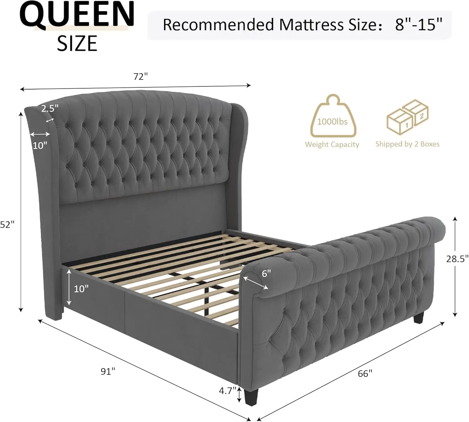 Queen Size Platform Bed Frame, Velvet Upholstered Sleigh Bed with Scroll Wingback Headboard & Footboard/Button Tufted