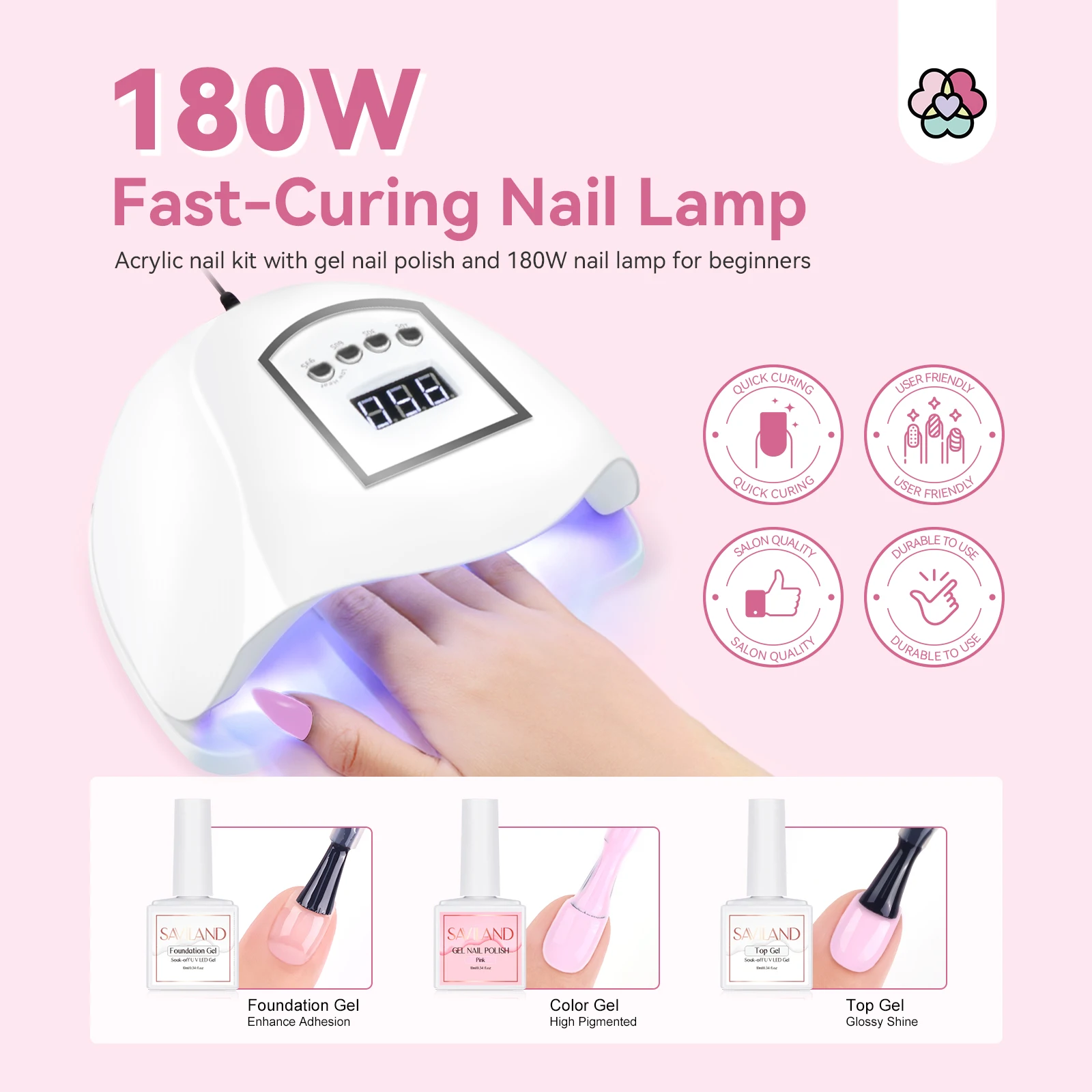 SAVILAND Complete Acrylic Nail Kit for Beginners with Keratin Powder Castor Oil Gel Polish 180W Lamp Nail Drill Full Set Tools