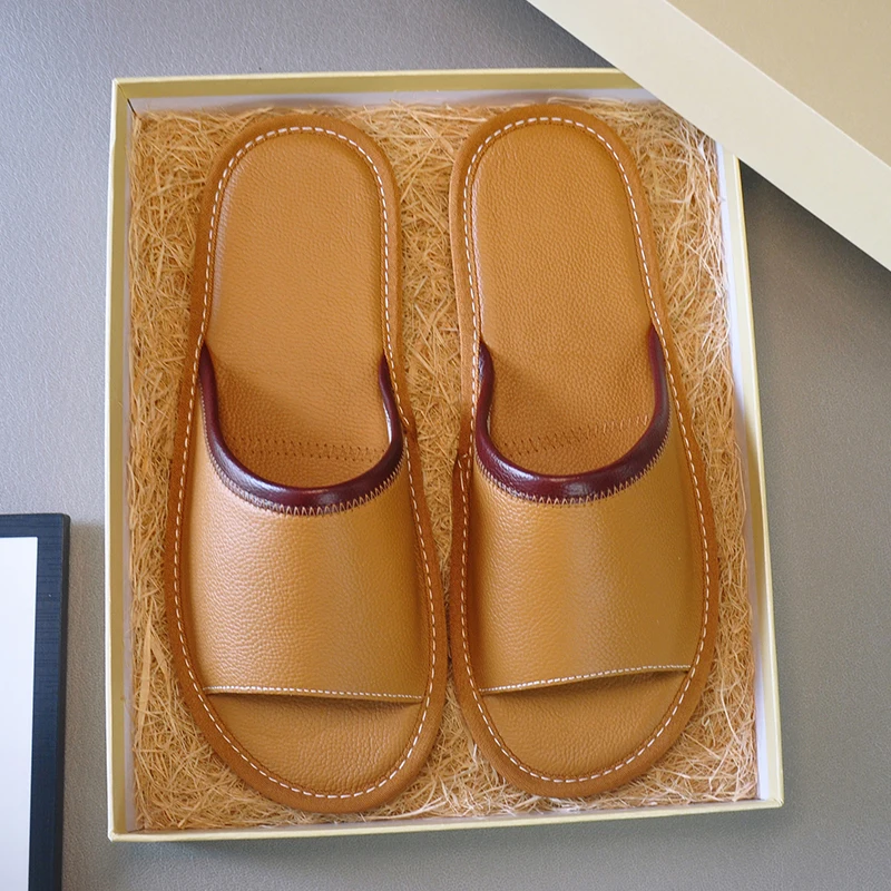 Genuine Top Layer Cowhide Summer Home Men's Slippers Soft Bottom Anti-Slip Silent Cool Slippers for Women Indoor Floor