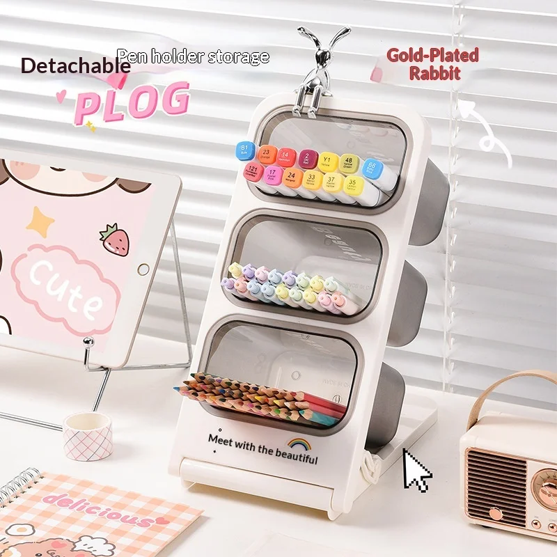 Stylish High Capacity Slant Plug-in Pen Holder Desktop Organizer Multi-layer Student Stationery Storage Box for Office School
