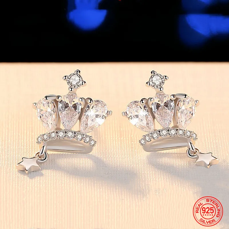 

925 Silver Crown Zircon Earrings For Women Fashion Wedding Charm Gift