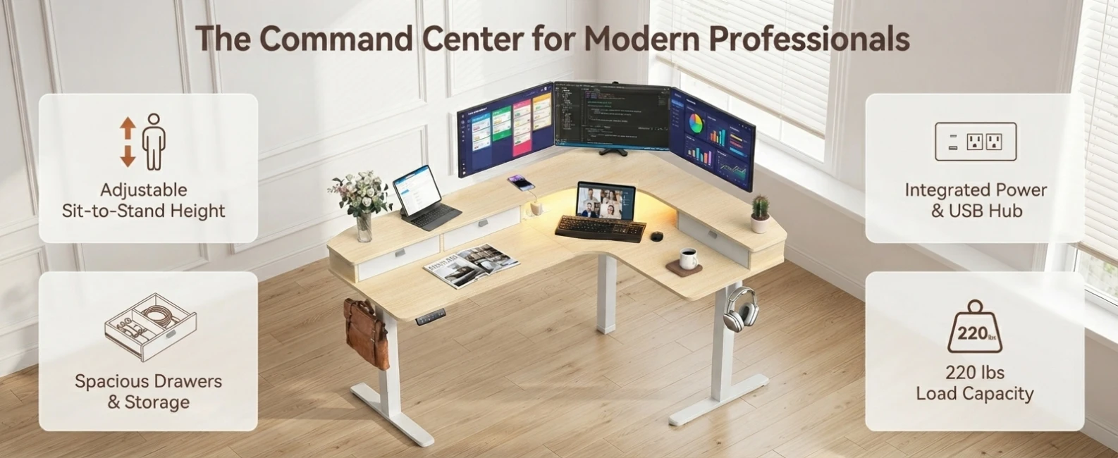 65" L‑Shaped Electric Standing Desk with 3 Drawers, Sit‑to‑Stand Height Adjustable Workstation 4 Memory Presets, Built‑in Power Strip USB‑A&Type‑C, Monitor Riser with LED Light, Cable Management Tray, Dual Motor 220 lbs Corner Desk