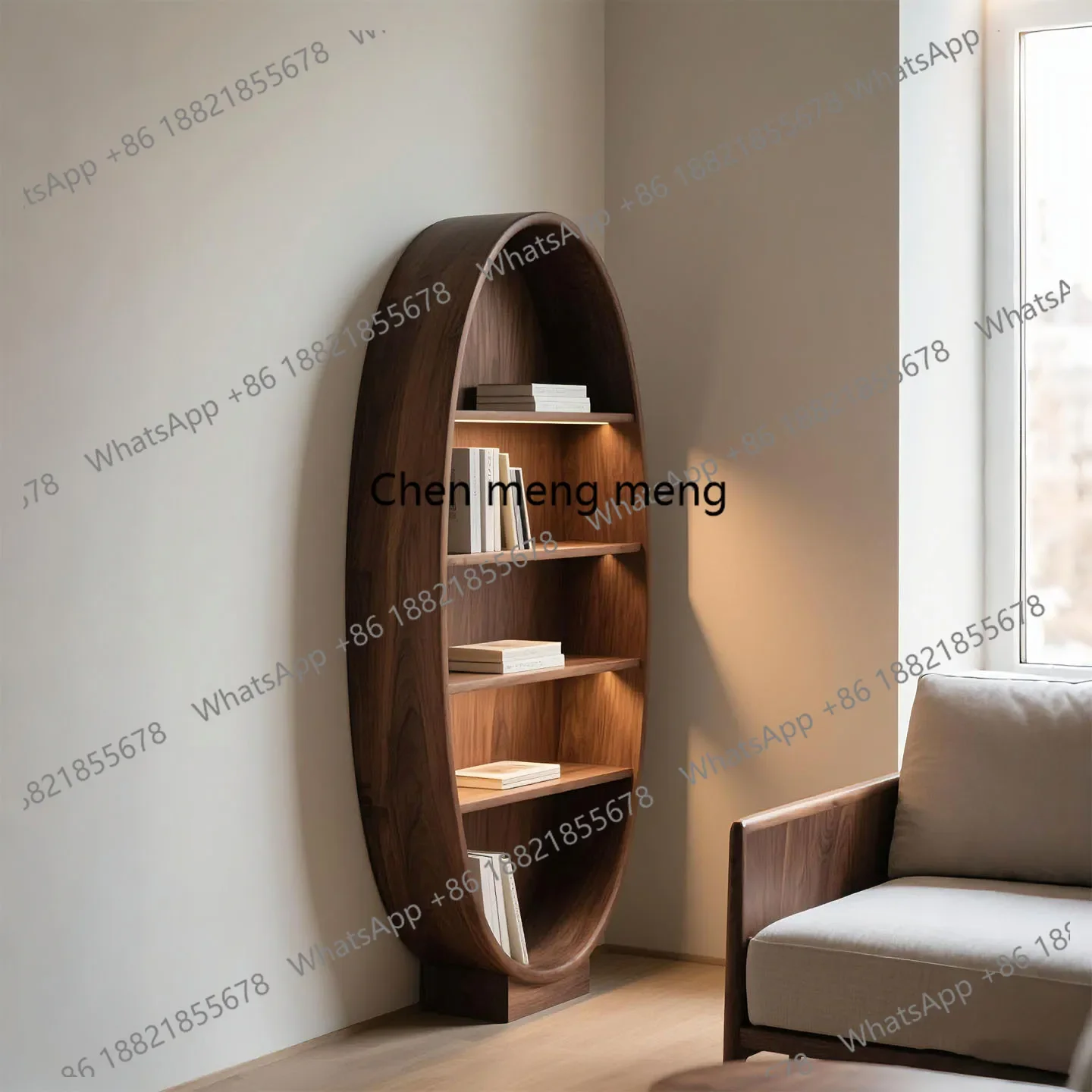 

North American Black Walnut Wood Bookshelf Modern Oval Display Living Room Solid Wood Decorative Rack