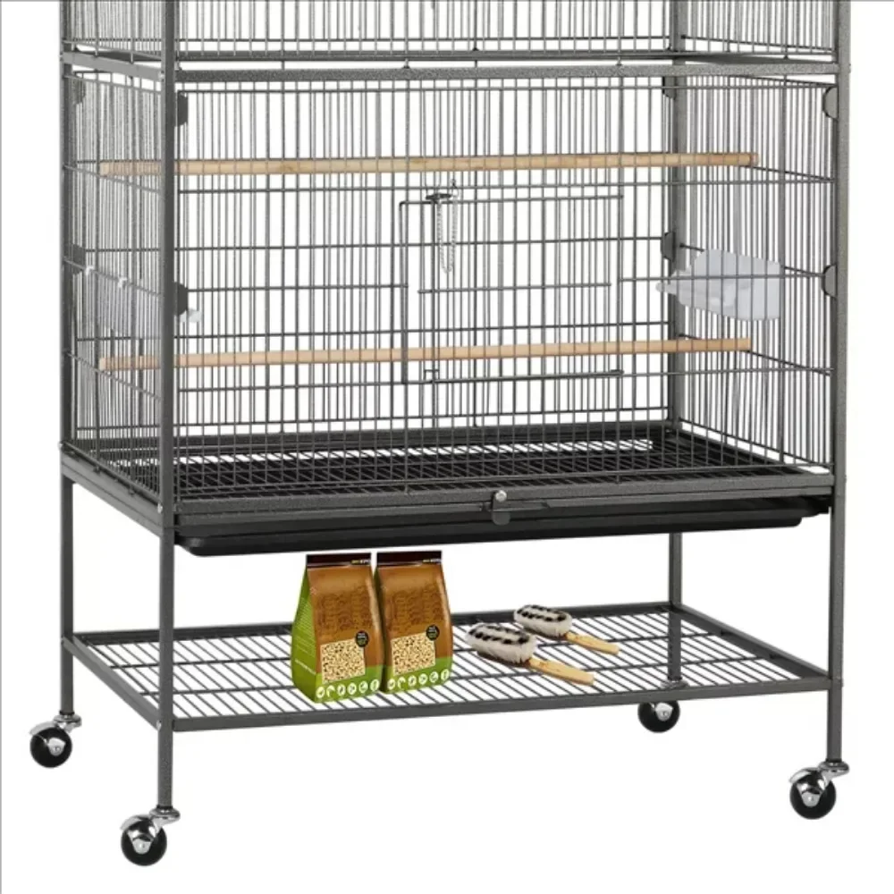 

Metal 52" Large Rolling Bird Cage with 3 Perches and 4 Feeders, Black