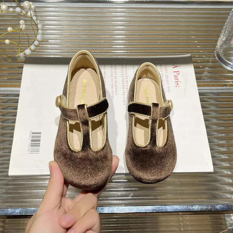 Ragazze Velvet Flats Baby Shallow Dress Shoes 2023 Korea Style children\'s Flats Soft Sole Retro Style Princess Girls Leather Shoes