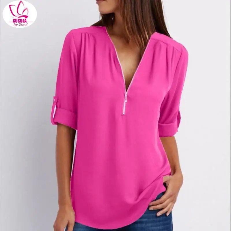 SUSOLA New Solid Zipper Shirt Loose Long Sleeve Chiffon Blusas Tops Women Sexy V Neck Casual Summer Blouse Gift