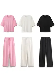 HH Women Casual Sport Pant Suit Vintage Solid Short Sleeve O Neck T-Shirt + Drawstring Jogging Pants Woman Commuting Sets