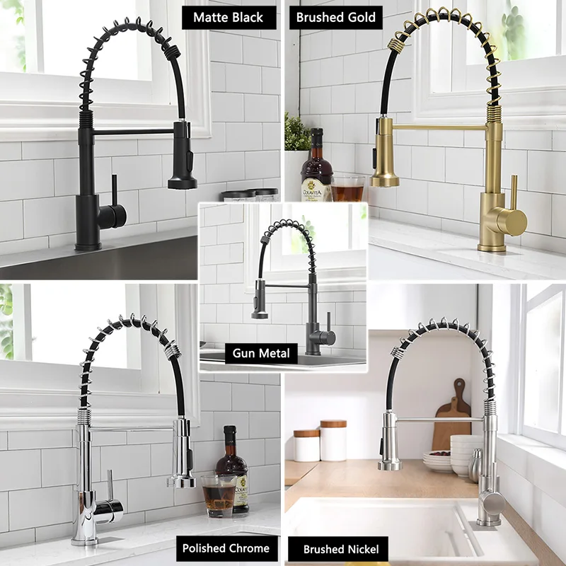 Grifo extraíble para fregadero de cocina, mezclador de agua fría y caliente, níquel cepillado, negro y oro cepillado, caño giratorio