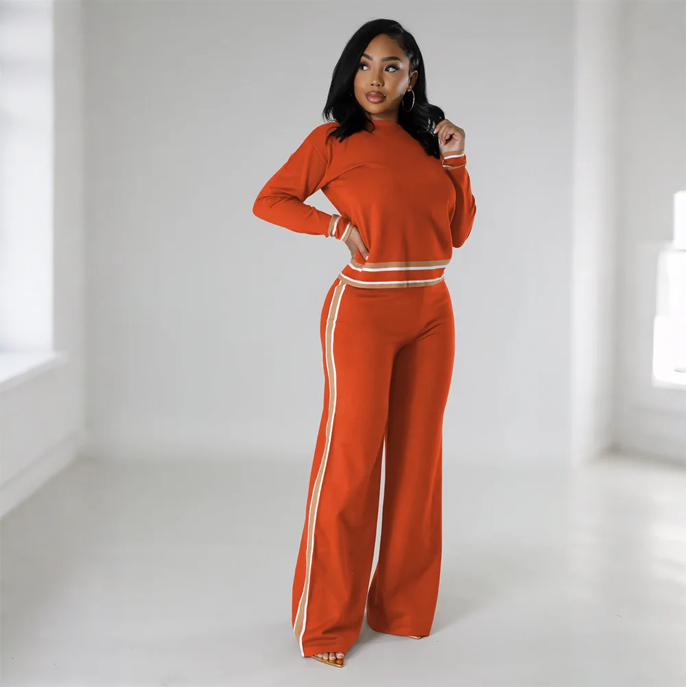 2025 Striped Print Lounge Wear Long Sleeve Crew Neck Pullover Wide Leg Pants Comfortable Conjuntos De Mujer Sets Womens 2 Piece