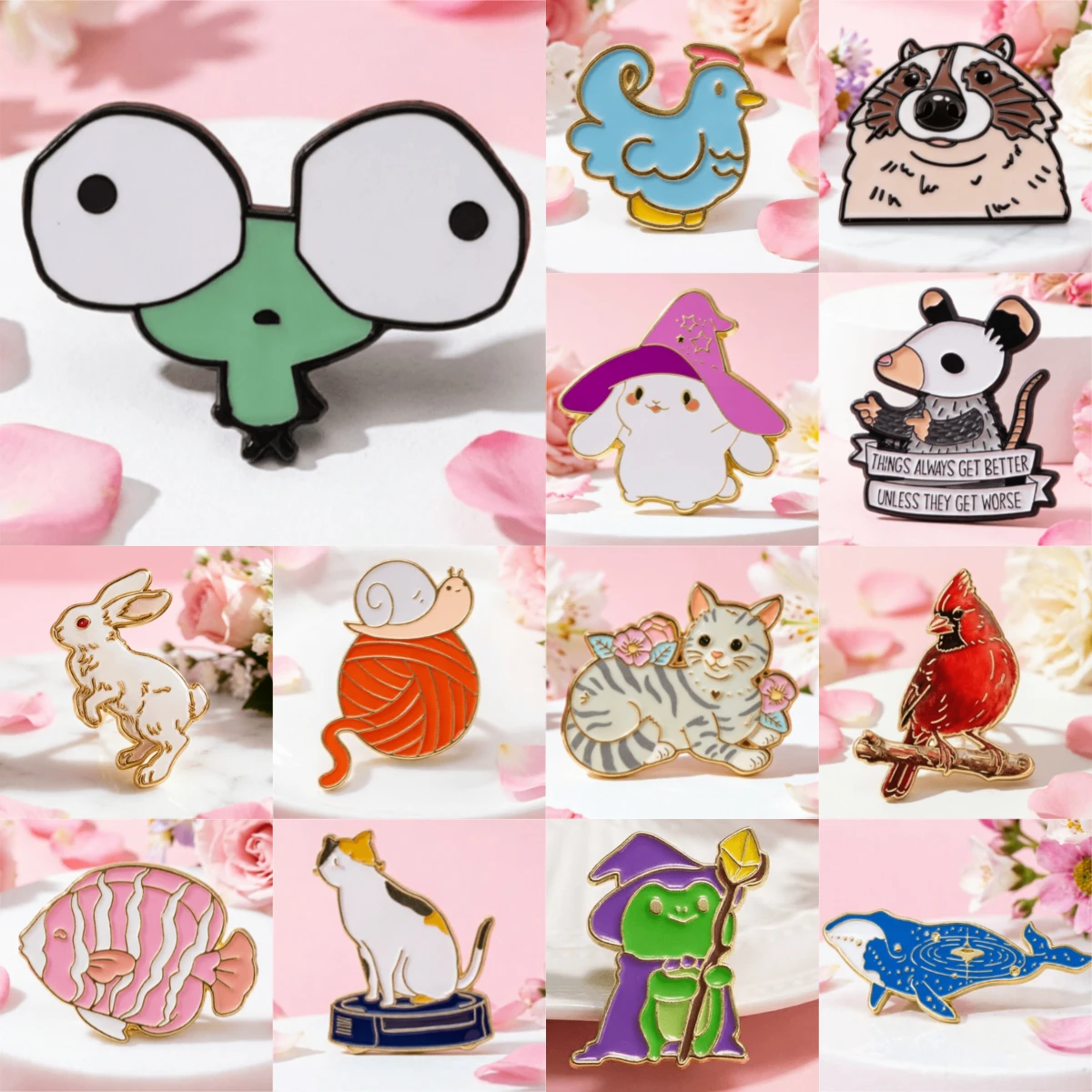 Adorable Wildlife Lapel Pins Set Wizard Frog Tabby Cat Cardinal Bird Enamel Brooch Jewelry Gift For Animal Fans Backpack Decor