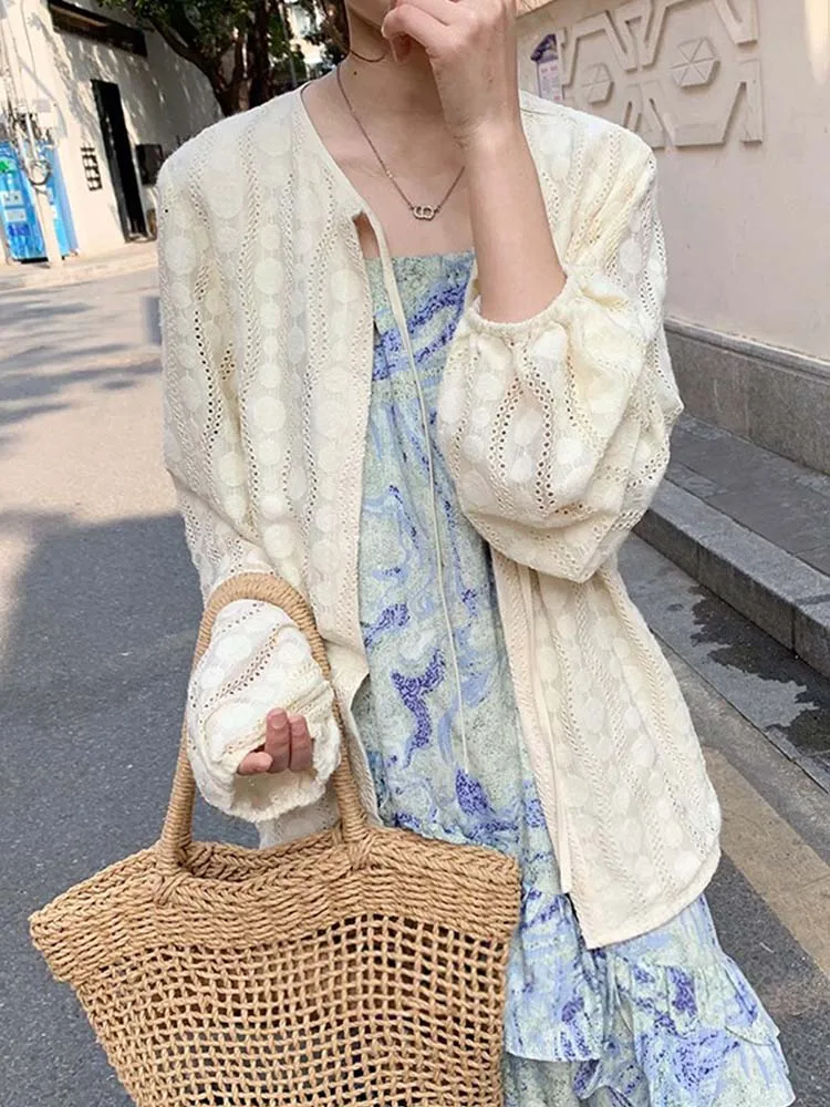 Ice Silk Sun Protection Light Weight Lace Trim Cardigan Women's Summer Outerwear with Strap Vest Top Lantern Sleeve Air Condi...