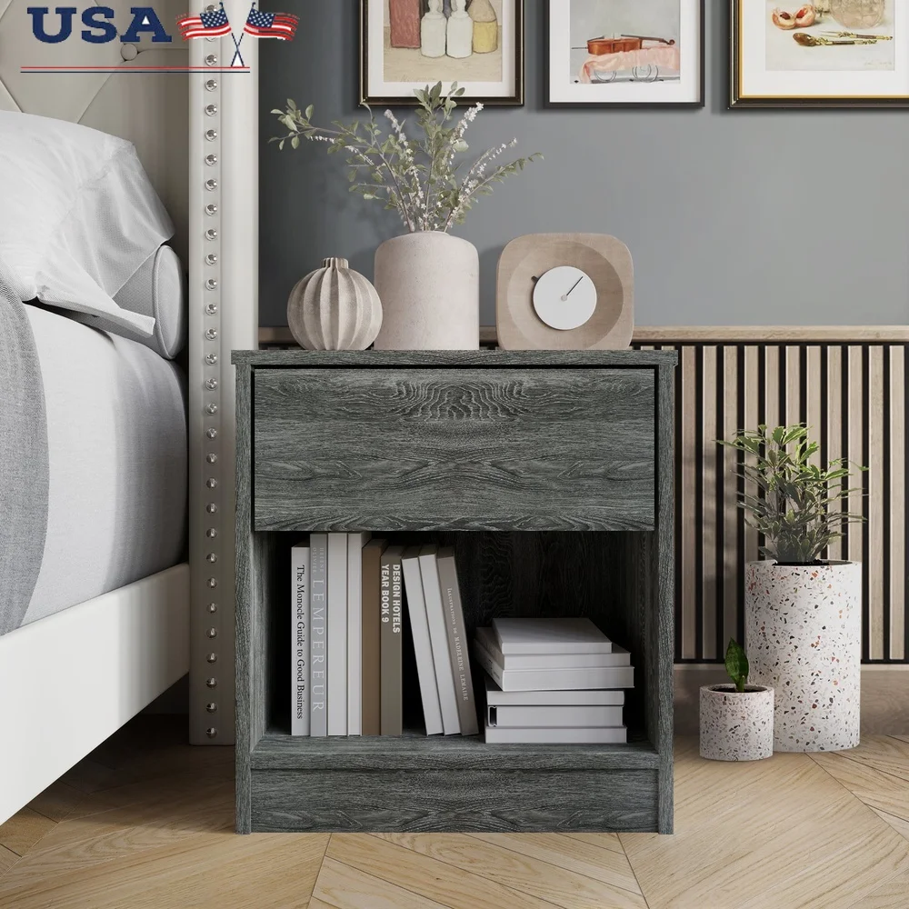 

Minimalist Nightstand with Drawer Open Storage Shelf Durable Engineered Wood Bedside Table Assembly Required Perfect Bedroom
