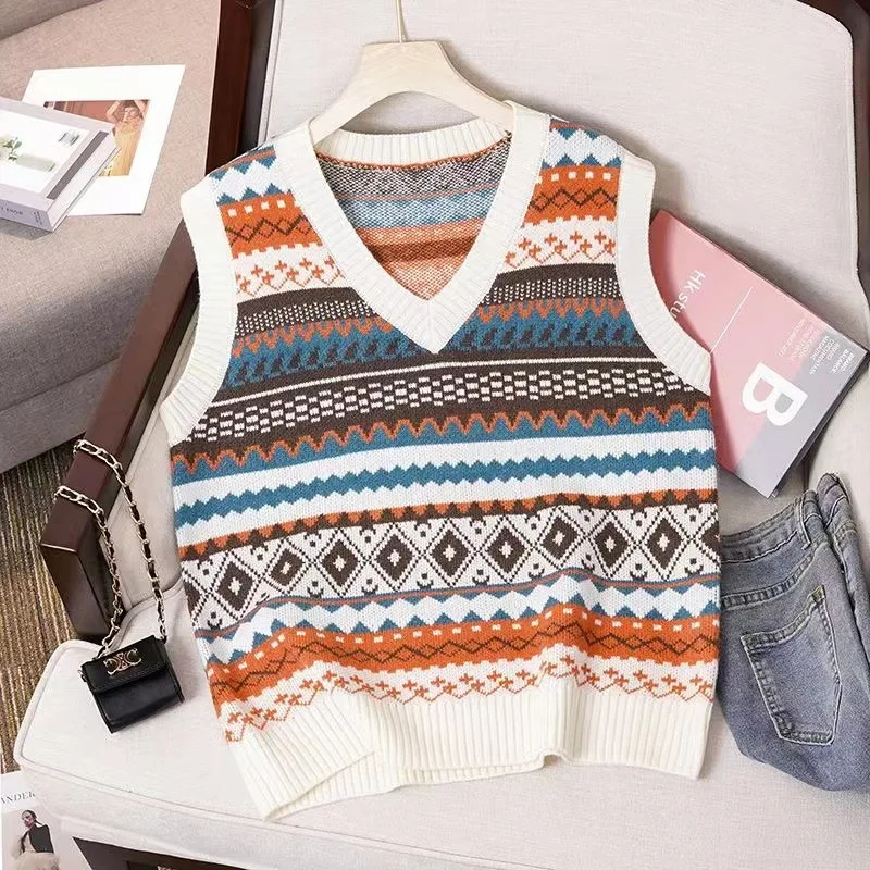 #3907 Knitted Vest Waistcoat Women V-neck Slim Vintage Sweater Vest Female Plaid Striped Sleeveless Short Vest Pullovers Autumn