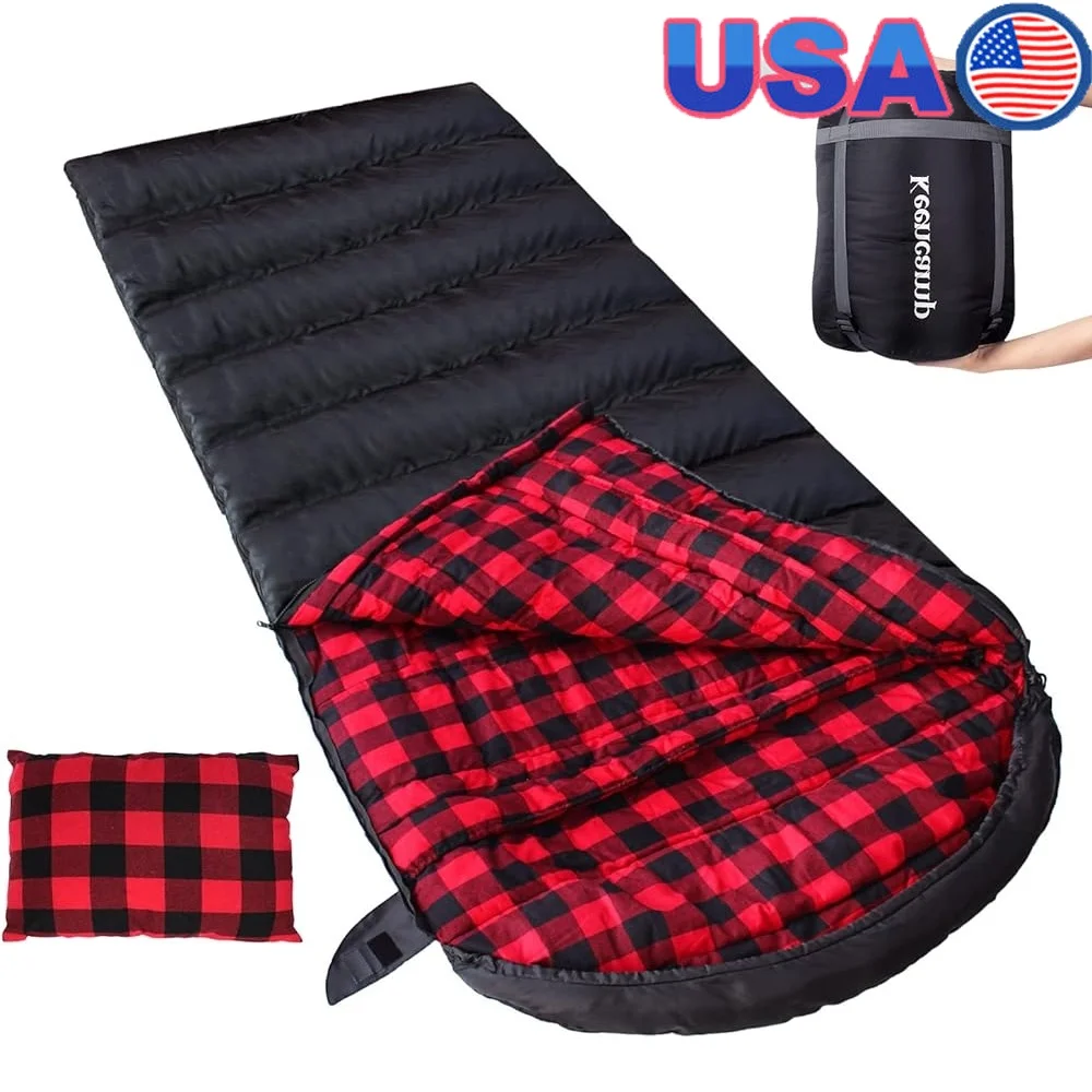 

0 Degree Flannel Sleeping Bag Waterproof XXL Adult Winter Cold Weather Compression Bag Camping Hiking Pillow Travel