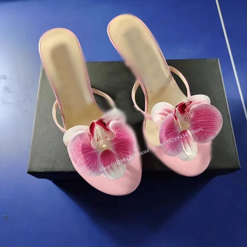 

Pink Flower Decor Slip On Sandals Shallow Cut Out Thin High Heel Cool Fashion Sexy Summer Big Size Woman Shoes Zapatillas Mujer