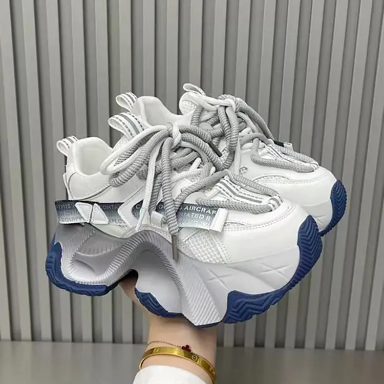 Women's shoes 2025 new lace up sponge cake mesh thick sole dad shoes women's sports and leisure shoes
