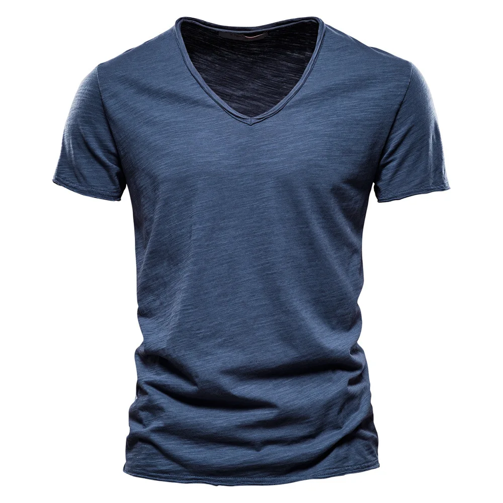 (Pack of 2) Summer popular men's new solid color Slub cotton V-neck short sleeved T-shirt, pure cotton hot selling