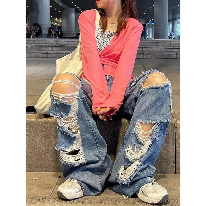 Streetwear Straight Pants Ladies Ripped Jeans High Waist Loose Wide Leg Pants Ladies Jeans Y2K Plus Size High Street Jeans